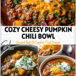 Bowl of cheesy beef and pumpkin chili topped with herbs and sour cream for a festive fall dinner idea.